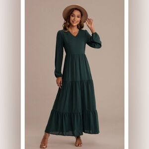 Petallush Long Sleeve V Neck Tiered Maxi